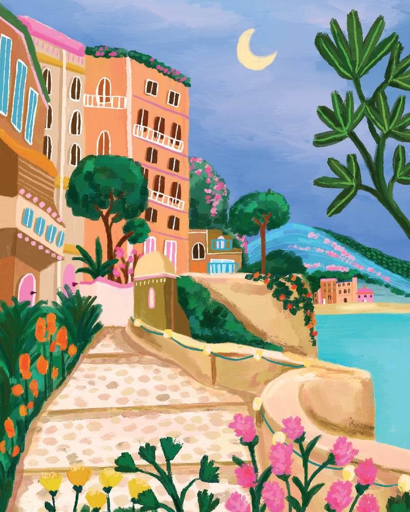 Hand-painted depiction of the picturesque scenery of Monaco, Greece, showcasing its stunning natural beauty, tranquil blue waters, and charming architecture.