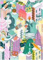 A vibrant collage featuring iconic elements from New York City, including the Statue of Liberty, towering skyscrapers, and bright yellow taxis, capturing the energy and excitement of the Big Apple.