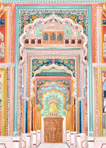 A detailed illustration of the beautiful Patrika Gate, featuring intricate patterns and vibrant colors, showcasing the architectural grandeur of this historic landmark in India.