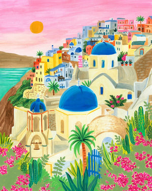 
                  
                    A captivating painting of Santorini, Greece, capturing the beauty of a stunning Mediterranean sunset, with warm oranges and pinks. This beautiful artwork showcases the island's iconic blue-domed churches and white-washed buildings, as well as its breathtaking natural scenery, making it a perfect piece for anyone who loves the beauty of Greece and the Mediterranean.
                  
                